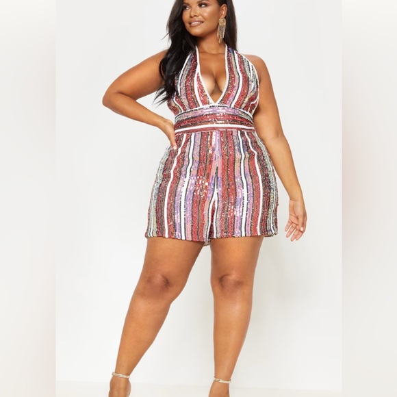 PRETTY LITTLE THING Multi Stripe Sequin Halterneck‎ Romper Sz 12 Baddie Party - Picture 1 of 10